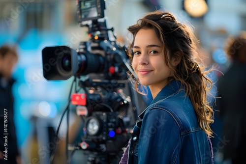 A young filmmaker stands confidently beside a professional camera on a busy film set. The sun casts a warm glow, accentuating her joyful expression as crew members prepare for the next shot