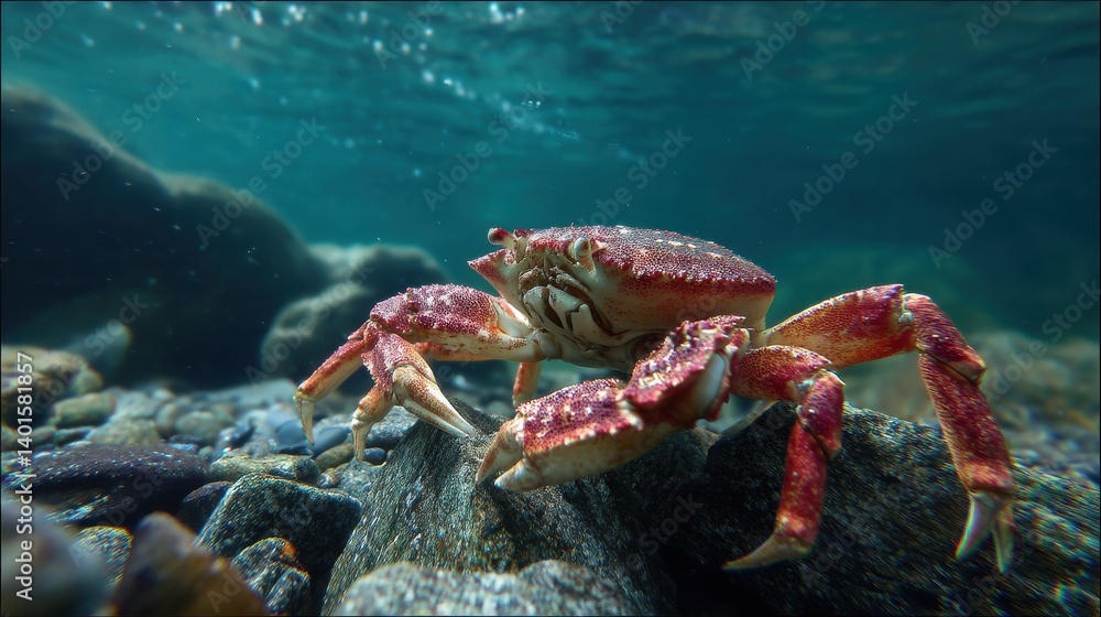 A vibrant crab is seen navigating through rocky terrain beneath the water. The sunlight filters through, illuminating the unique textures of the crab and stones surrounding it