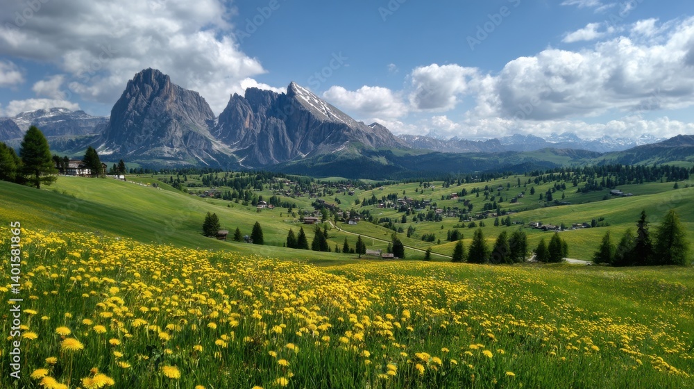 Obraz premium A vibrant landscape showcases a field of blooming yellow flowers set against lush green hills. Towering mountains in the background add to the stunning beauty of the sunny day