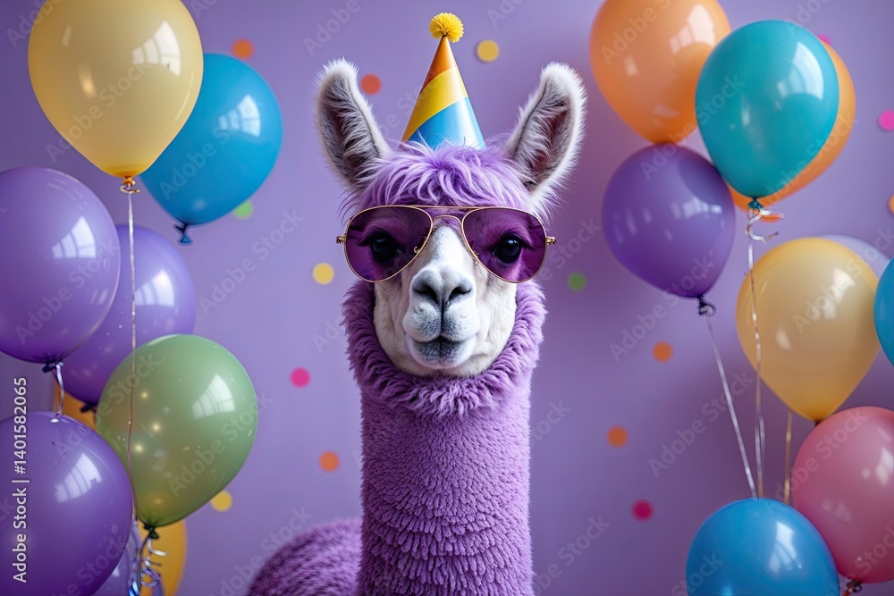 Fototapeta premium Joyful Purple Llama Alpaca Wearing Party Hat and Aviator Sunglasses Surrounded by Colorful Balloons on Lavender Background