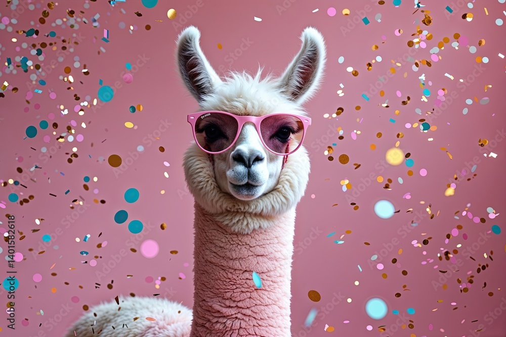 Fototapeta premium Humorous Pink Llama Alpaca Wearing Sunglasses Partying with Confetti on Soft Pink Background