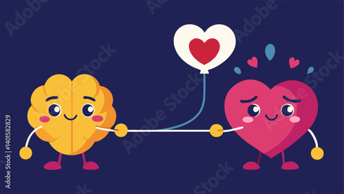 Expression of Conflict A whimsical design showcasing the heart and brain facing each other with intense expressions as they tug on the rope. The heart radiates warmth and happiness