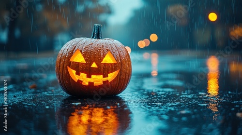 Spooky Rainy Night: Jack-o'-lantern on a Wet Street