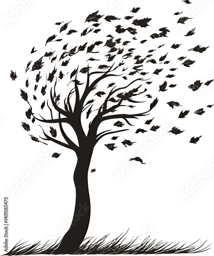 A whimsical tree silhouetted against a windy backdrop.