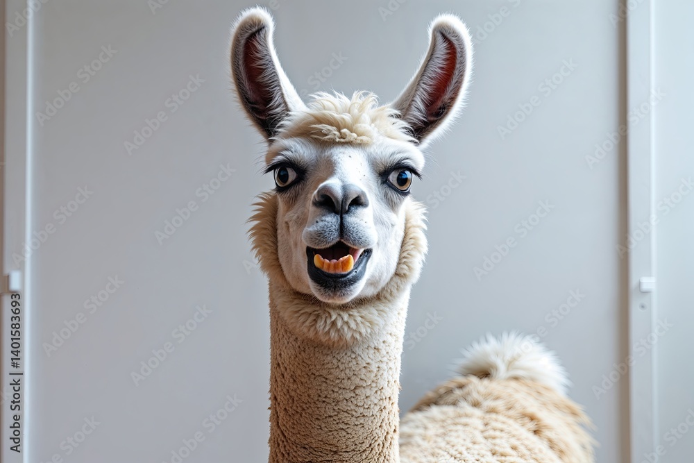 Fototapeta premium Surprised Llama with Silly Smile Against Bright White Background
