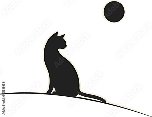 Silhouetted cat gazing at a bright moon in a serene night setting.