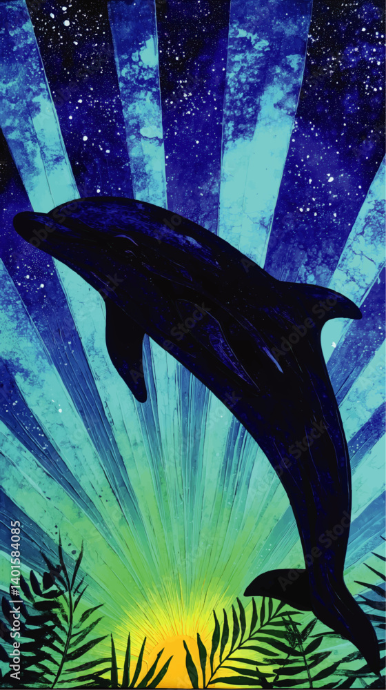 Vivid Vector Art of Dolphin Silhouette Jumping Majestically Against Starry Night Sky with Radiant Sunrise and Exotic Tropical Palm Leaves Nature Illustration Design