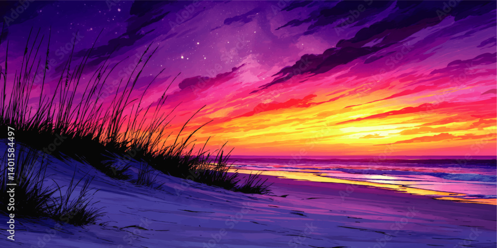 Stunning Vector Illustration of Tropical Beach Sunset with Vibrant Colors Purple Pink Orange Yellow Sky Coastal Dunes Ocean Waves Evening Stars Scenic Nature Art