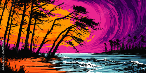 Obraz na płótnie Vibrant Sunset Beach Scene Vector Art with Silhouetted Trees Waves and Colorful Sky Nature Inspired Modern Artistic Background for Posters Prints Design and Wall Decor w salonie