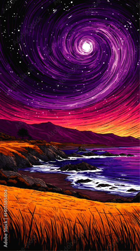 Mesmerizing Vector Digital Illustration of Cosmic Galaxy Spiral in Starry Night Sky Over Ocean Coastal Landscape with Mountains Sunset Vibrant Colors Scenic Nature View