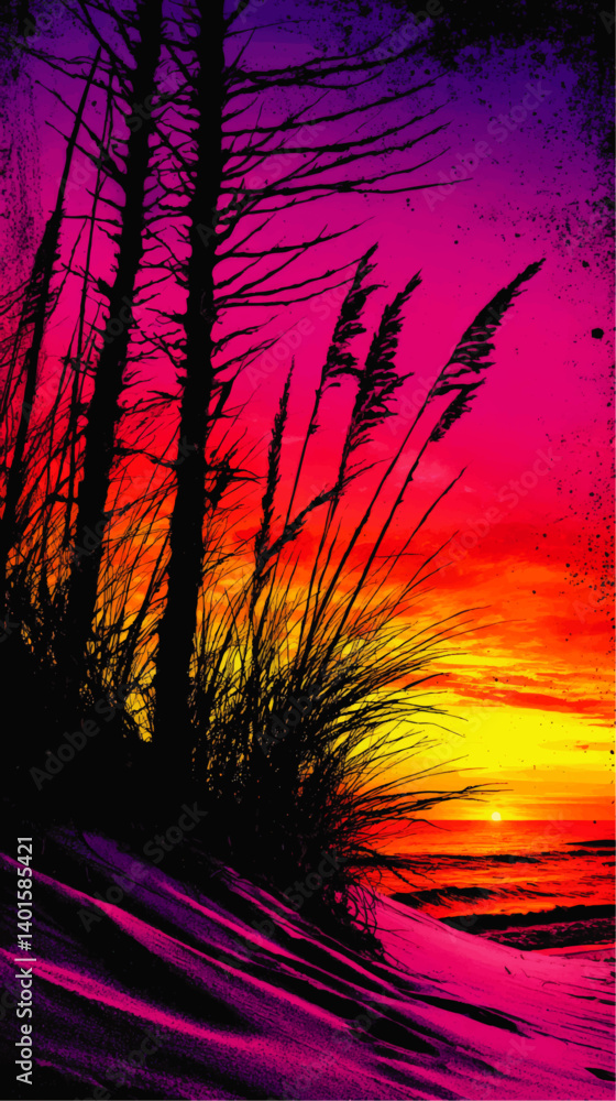Stunning Vector Illustration of Vibrant Tropical Sunset Scene with Pink and Purple Sky Golden Horizon Ocean Waves Silhouetted Palm Grass and Dramatic Beach Landscape