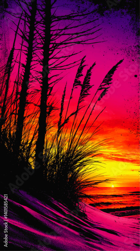 Obraz na płótnie Stunning Vector Illustration of Vibrant Tropical Sunset Scene with Pink and Purple Sky Golden Horizon Ocean Waves Silhouetted Palm Grass and Dramatic Beach Landscape w salonie