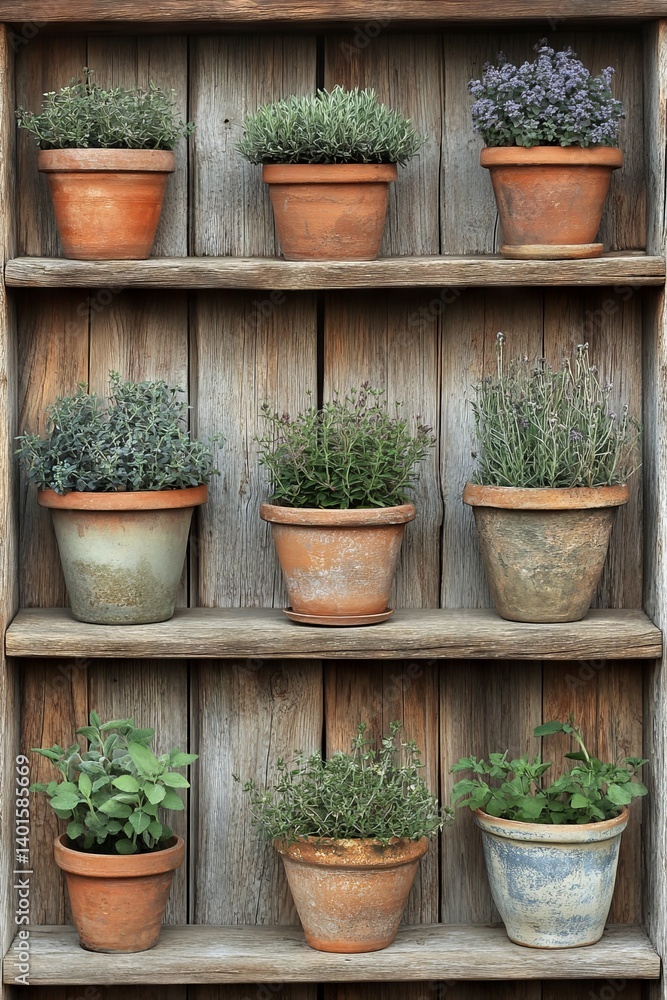 Elegant pots hold lush herbs, neatly displayed on wooden shelves. This indoor garden emphasizes a range of green plants, enhancing a contemporary space with a refreshing atmosphere Elegant pots hold lush herbs, neatly displayed on wooden shelves. This indoor garden emphasizes a range of green plants, enhancing a contemporary space with a refreshing atmosphere