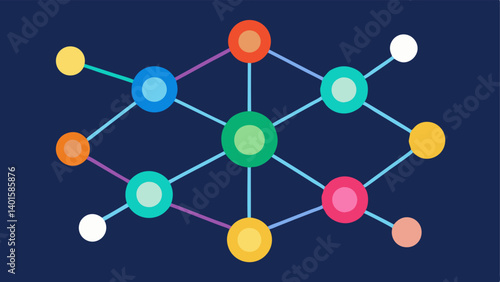 Multicolor Nodes Different colored circles interconnected with lines creating a vibrant network pattern that illustrates the diversity of participants in a blockchain.