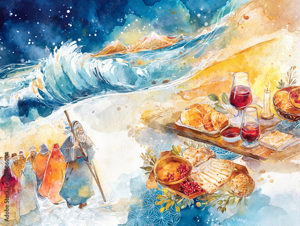 Fototapeta premium A vibrant watercolor depiction of the biblical story of the exodus of the Jews from Egypt