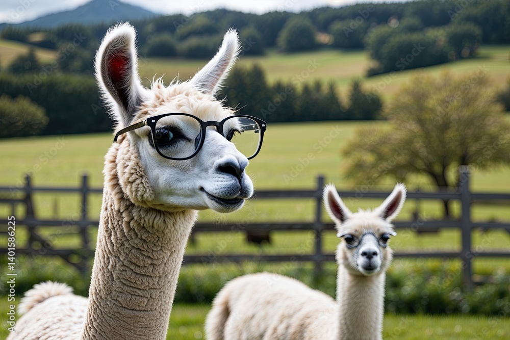 Obraz premium Funny Llama Wearing Glasses Relaxing in Scenic Pasture Landscape