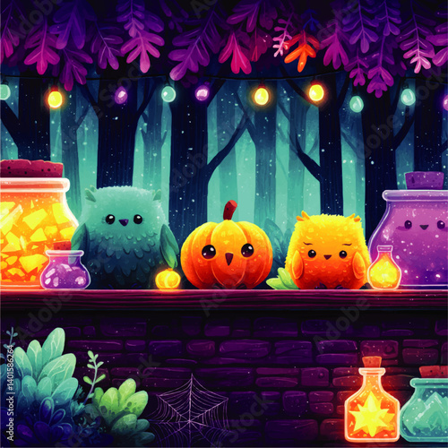 Enchanting Magical Halloween Scene Featuring Adorable Pumpkin Creatures, Whimsical Owls, Mystical Potion Bottles, Fairy Lights and Forest Background Vector Illustration