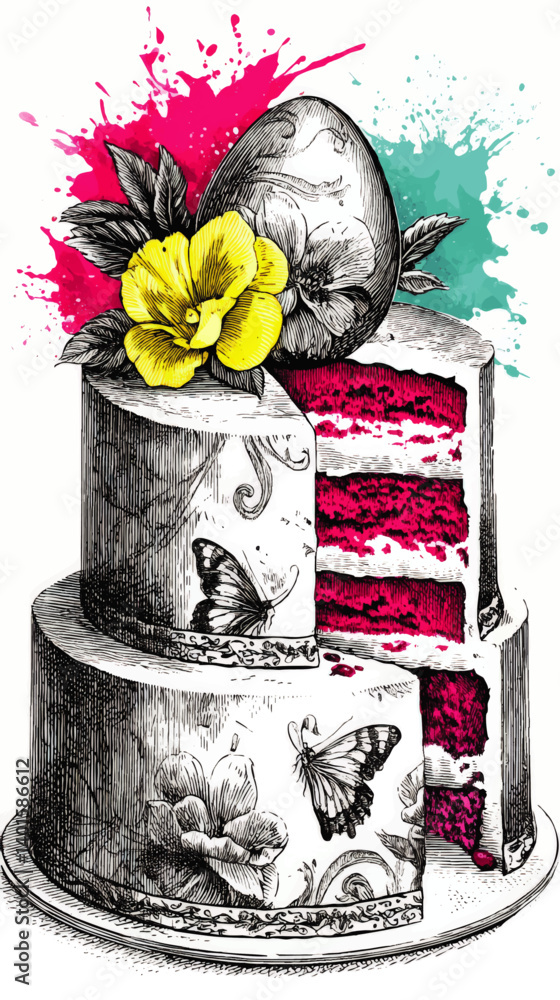 Elegant Pink Layered Cake Vector Illustration Featuring Ornate Floral Design Butterflies Decorative Egg Vibrant Splash Art Sweet Dessert Unique Celebration Concept