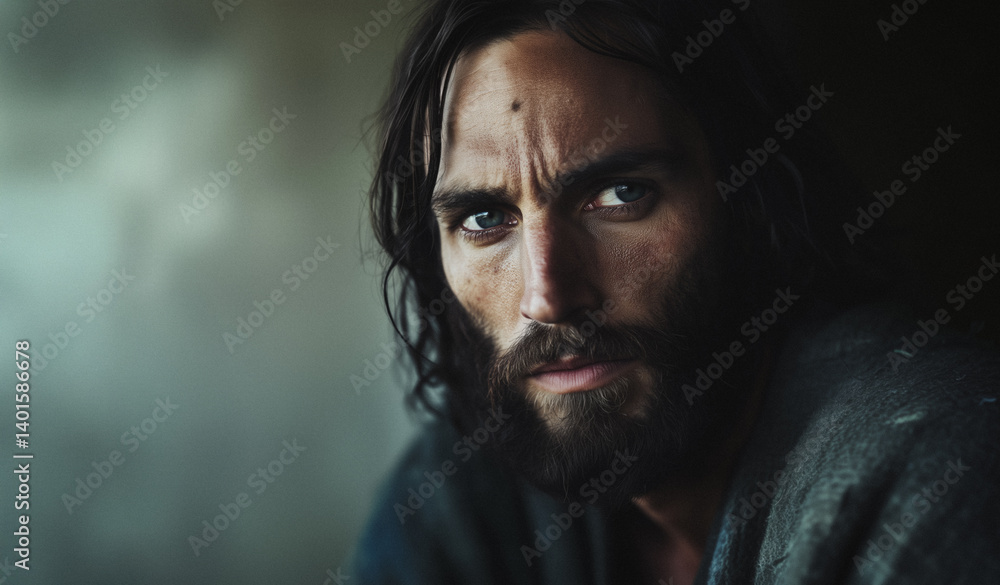 Intense portrait of a man resembling historical Jesus figure Intense portrait of a man resembling historical Jesus figure