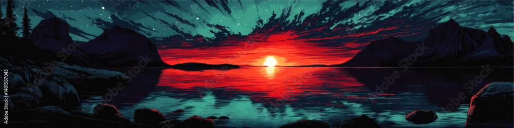 Stunning Vector Illustration of Vibrant Sunset Over Mountain Lake with Dramatic Sky Reflection and Stars Scenic Nature Art Ideal for Wallpapers and Graphic Projects