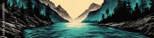 Obraz na płótnie Dramatic Hand Drawn Vector Illustration of Mountain Lake with Pine Forest Rocky Cliffs Stunning Landscape Scene Turquoise Waters Majestic Nature Background Design w salonie