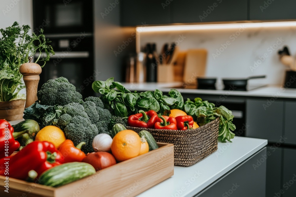 Brightly colored baskets containing fresh lettuce, vivid peppers, and juicy citrus fruits are displayed in an orderly fashion at the farmer's market Brightly colored baskets containing fresh lettuce, vivid peppers, and juicy citrus fruits are displayed in an orderly fashion at the farmer's market