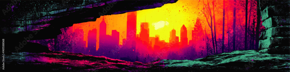 Vivid Abstract Vector Cityscape Silhouette at Sunset with Urban Skyline in Cave View Featuring Neon Colors Futuristic Visual Art Landscape Ideal for Graphic Design