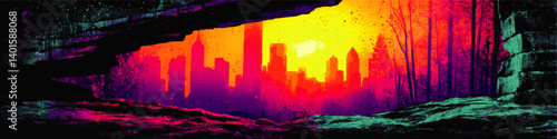 Obraz na płótnie Vivid Abstract Vector Cityscape Silhouette at Sunset with Urban Skyline in Cave View Featuring Neon Colors Futuristic Visual Art Landscape Ideal for Graphic Design w salonie