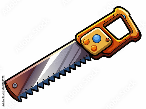 A high-quality vector illustration of a sharp hand saw with a wooden grip and serrated blade, isolated on a white background, detailed and realistic