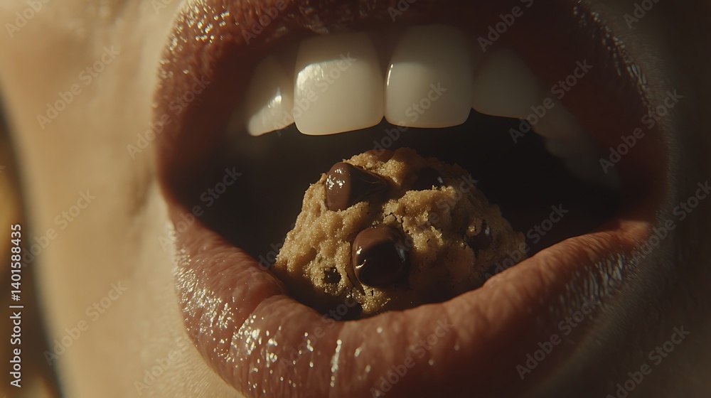 Obraz premium Woman's Mouth Eating Chocolate Chip Cookie
