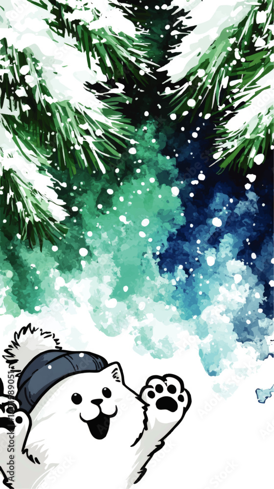 Cute White Cat Vector Illustration Wearing Hat in Snowy Winter Scene with Green Pine Trees and Falling Snowflakes Colorful Seasonal Background for Holiday Design Projects
