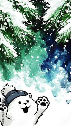 Obraz na płótnie Cute White Cat Vector Illustration Wearing Hat in Snowy Winter Scene with Green Pine Trees and Falling Snowflakes Colorful Seasonal Background for Holiday Design Projects w salonie