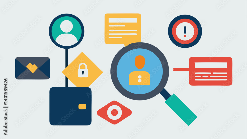 Magnifying Glass on Data A magnifying glass hovering over a collection of personal data icons like credit cards social media profiles with a warning sign beside it symbolizing Magnifying Glass on Data A magnifying glass hovering over a collection of personal data icons like credit cards social media profiles with a warning sign beside it symbolizing