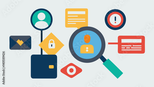 Magnifying Glass on Data A magnifying glass hovering over a collection of personal data icons like credit cards social media profiles with a warning sign beside it symbolizing