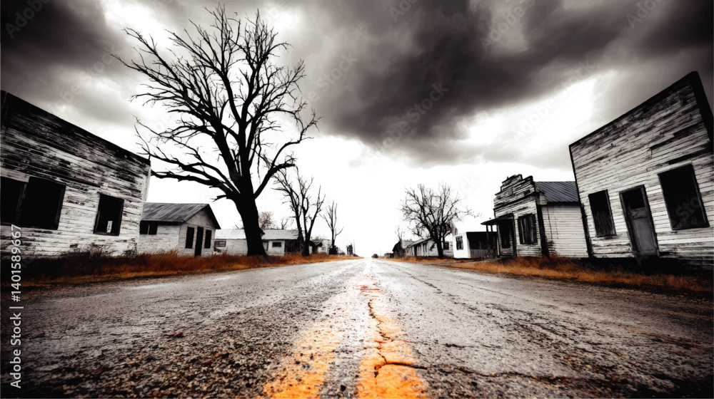 Spooky Abandoned Ghost Town with Old Decaying Buildings Dark Stormy Sky Empty Road Leafless Trees Apocalyptic Scenic Vector Illustration Haunting Isolated Rural Scene