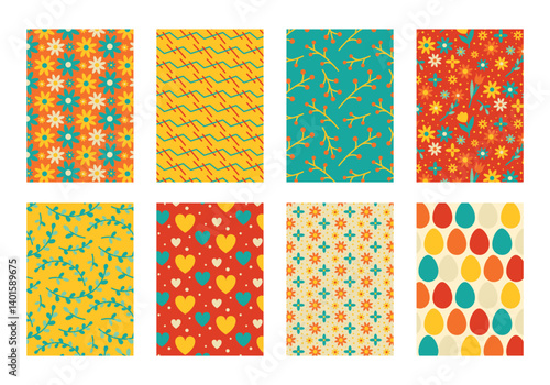 Wallpaper Mural Vector collection of patterns with colorful flowers for decoration and printing of clothes, wallpapers, printing, packaging, etc. Ornaments with plant motifs, hearts and geometric shapes. Torontodigital.ca