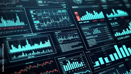 Futuristic array of digital graphs and charts displays data analysis and patterns in a vibrant display