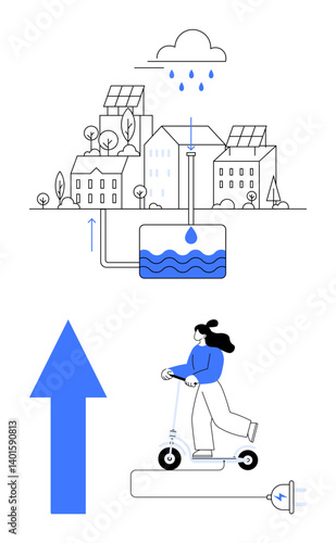 Buildings with solar panels and rainwater systems, a ride on an electric scooter, arrow indicating progress. Ideal for sustainability, technology, green energy, urban planning, eco-innovation, clean