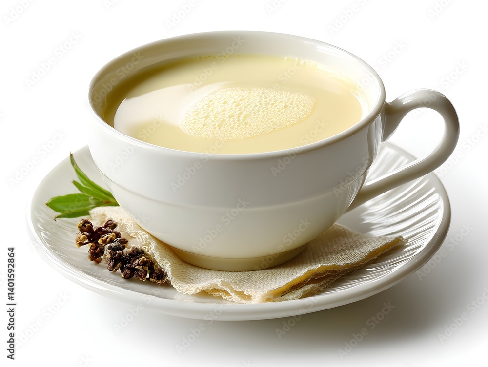 A steaming cup of creamy herbal tea rests on a saucer with fresh herbs beside it on a white background. A steaming cup of creamy herbal tea rests on a saucer with fresh herbs beside it on a white background.