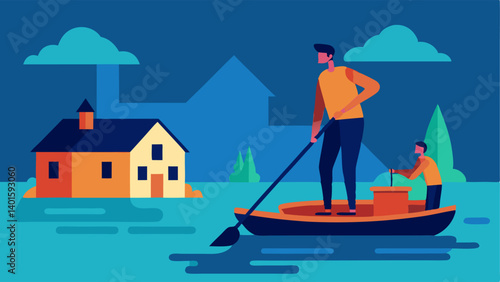 Man Helping Neighbors A man using a makeshift raft to help his neighbors retrieve belongings from a flooded area showcasing community spirit and cooperation.