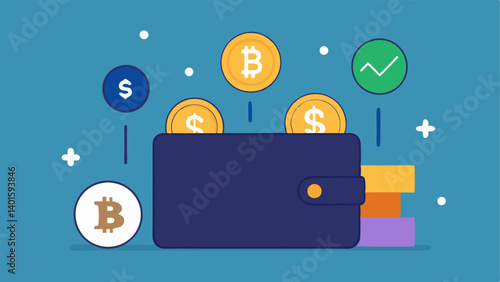 Cryptocurrency Wallet A minimalist representation of a digital wallet app with various cryptocurrency coins like Bitcoin Ethereum and others illustrated within the wallet.