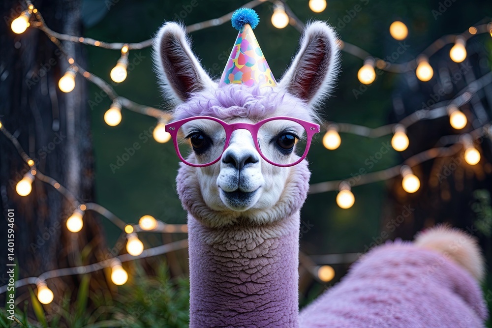Fototapeta premium Cute Lavender Llama Alpaca with Fun Glasses and Birthday Hat Surrounded by Twinkling Lights for Celebration Card Design