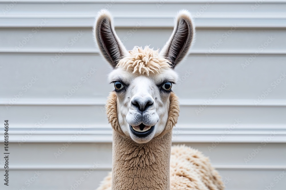 Fototapeta premium Surprised Llama with Whimsical Smile Against Bright White Background