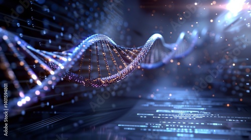Abstract futuristic visualization of DNA double helix strands forming a high tech environment