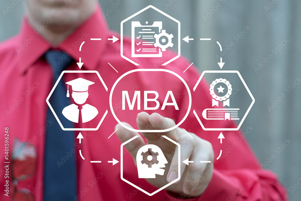 Entrepreneur using virtual touch screen push inscription: MBA. MBA - Master of Business Administration program concept. MBA entrepreneurs programs. Business and management skills development course.