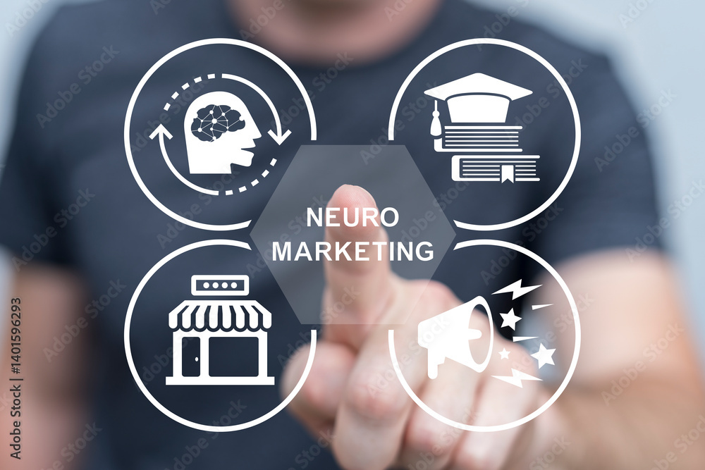 Person using virtual touch screen push inscription: NEUROMARKETING. Neuromarketing concept. Sales Advertising Neuro Marketing Strategy Business Internet Network Technology.