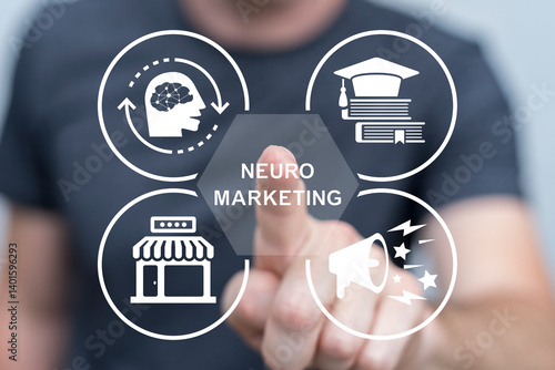Obraz na płótnie Person using virtual touch screen push inscription: NEUROMARKETING. Neuromarketing concept. Sales Advertising Neuro Marketing Strategy Business Internet Network Technology. w salonie