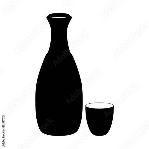 sake bottle and cup black silhouette icon - of a soft drinks sake bottle and cup simple vector art
