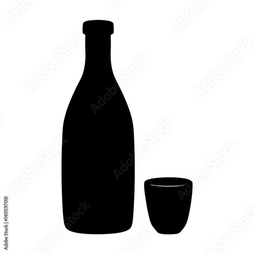 sake bottle and cup black silhouette icon - of a soft drinks sake bottle and cup simple vector art