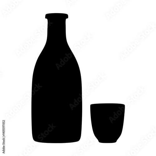 sake bottle and cup black silhouette icon - of a soft drinks sake bottle and cup simple vector art